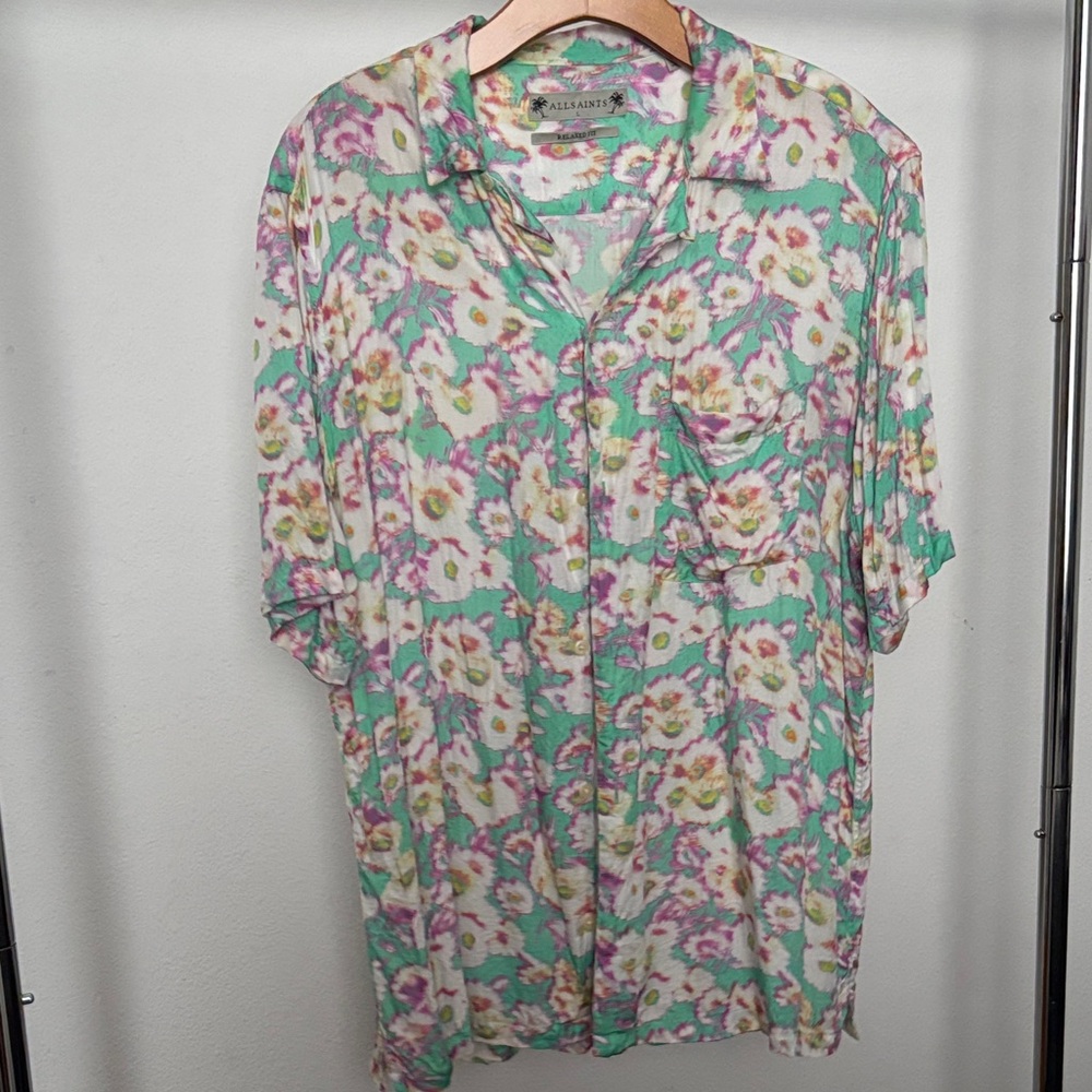 All Saints Men's Floral Shirt - Green and Pink